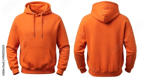 A vibrant orange cotton hooded sweatshirt shown from both the front and back for apparel design