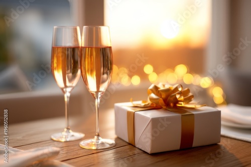 Romantic Evening Table Setting with Gift Box and Champagne Toast at Sunset