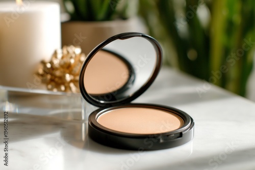 Rose Compact on a Marble Surface with Mirror Reflection and Decorative Elements in the Background