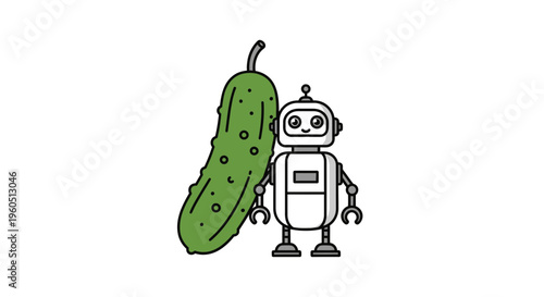 A cheerful cartoon robot companion stands beside a giant fresh green cucumber on a crisp white