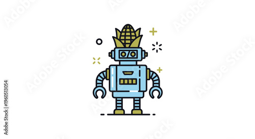 Charming blue robot icon with a festive corn cob hat representing innovative agricultural