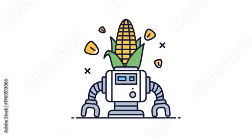 Modern agriculture concept featuring a delightful robot with a golden corn cob for a head