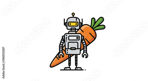 Friendly robot stands proudly next to a large orange carrot illustration showcasing future concepts