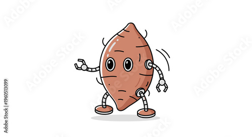 A charming cartoon sweet potato character infused with futuristic robotic limbs, creating a