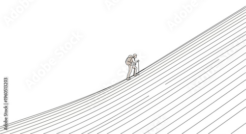 A determined individual treks upward on a path of flowing lines, symbolizing ambition and steady