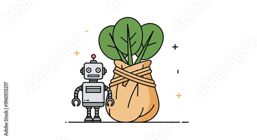 Futuristic agricultural technology illustration showing a robot beside a healthy green plant bundle