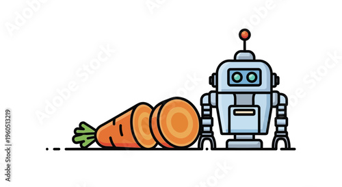 Friendly robot companion observes freshly sliced vibrant orange carrot ready for healthy consumption