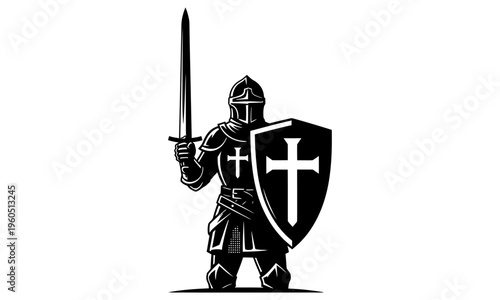 Full Body Medieval Knight Silhouette Standing with Shield