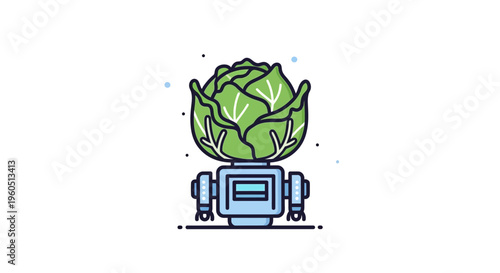 A whimsical illustration combining technology and nature featuring a robot with a vibrant cabbage