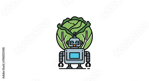 Charming robotic assistant with a vibrant green cabbage backpack merging advanced automation with