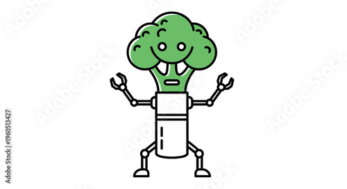 An innovative illustration of a broccoli character fused with a detailed robotic body and