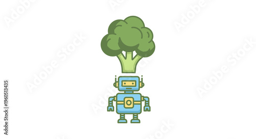 A futuristic robot contemplating a fresh broccoli floret symbolizing smart food choices and AI
