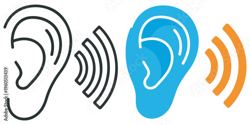 Outline and colored ears with sound waves showing hearing concept eps 10