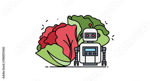 Modern robot tending to vibrant red and green lettuce, symbolizing automated fresh produce