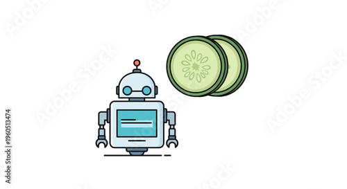 Clean illustration of a modern robot alongside refreshing cucumber slices for wellness tech