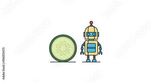 Whimsical digital illustration portraying a vibrant yellow robot alongside a fresh green cucumber