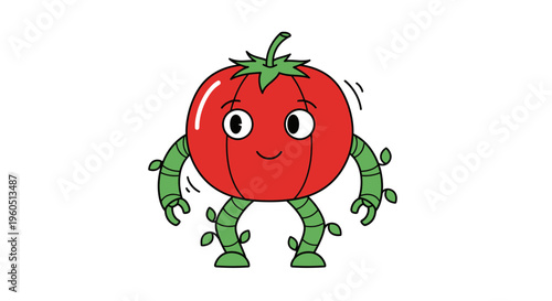 Whimsical cartoon tomato character with leafy vine limbs and a cheerful expression illustration