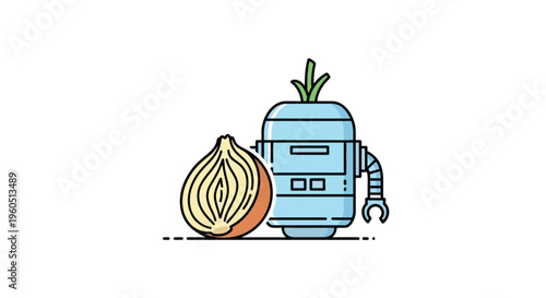 Modern agricultural robot and fresh onion illustration symbolizing future farm technology and
