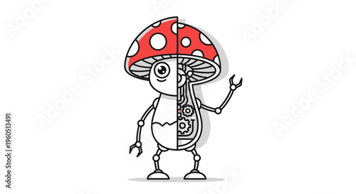 Whimsical illustration of a robotic mushroom with mechanical internal gears blending nature and