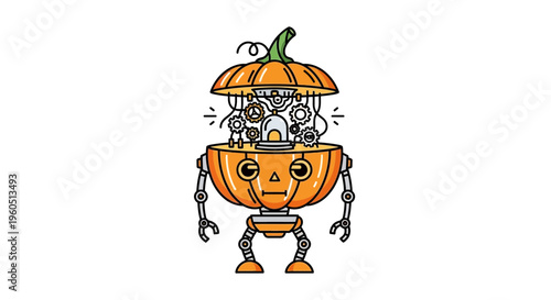 Whimsical pumpkin robot illustration revealing intricate internal clockwork mechanisms and