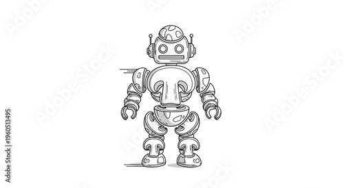 Charming mushroom-themed robot character design in monochrome line art with futuristic organic