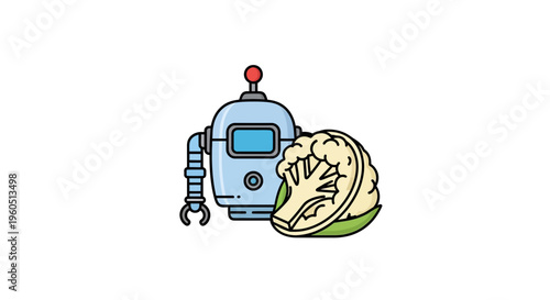 Digital art depicting an endearing blue robot with a healthy cauliflower vegetable on a white