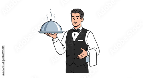 Smiling Waiter Holding Cloche Covered Dish with Steam, Restaurant Service, Formal Attire