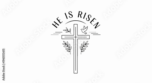 Easter cross symbol with he is risen text and floral elements for christian holiday decor