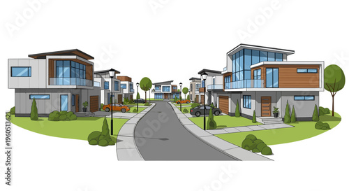 Modern Suburban Street with Contemporary Houses, Green Lawns, and Trees