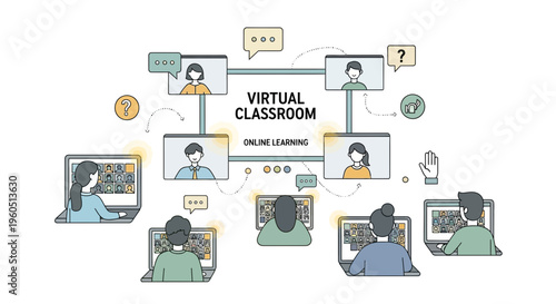 Virtual classroom and online learning, students and teachers connecting via video conference