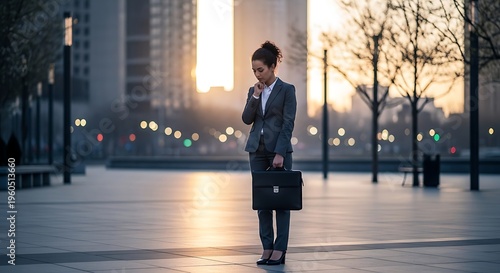 Businesswoman with briefcase contemplating in urban setting at sunset with city lights and modern buildings in background