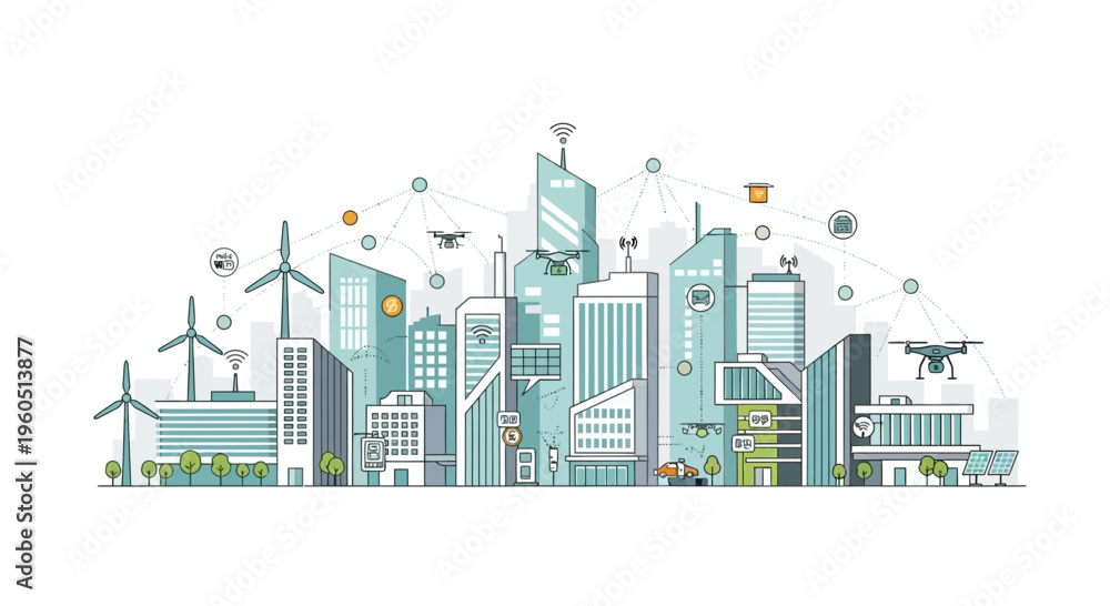 Obraz premium Futuristic Smart City Skyline with Drones, Wind Turbines, and IoT Technology