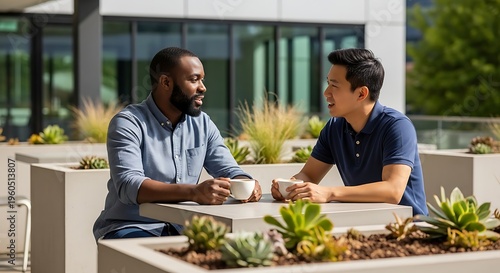 Two diverse male colleagues enjoying coffee break and conversation on an outdoor office patio surrounded by modern planters and greenery