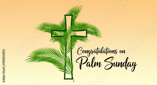Palm sunday celebration with cross and palm leaves on gradient background