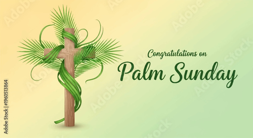 Palm sunday greeting with cross and palm leaves on gradient background