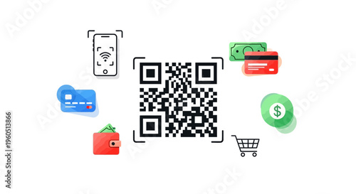 QR Code Payment with Smartphone, Credit Cards, Wallet, Cash, Shopping Cart, and Coin