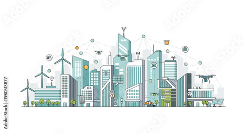 Futuristic Smart City Skyline with Drones, Wind Turbines, and IoT Technology