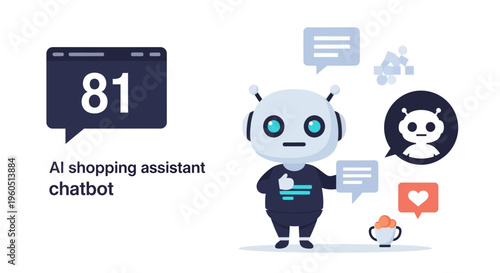 AI Shopping Assistant Chatbot with Thumbs Up, Social Media Icons, and Data Network