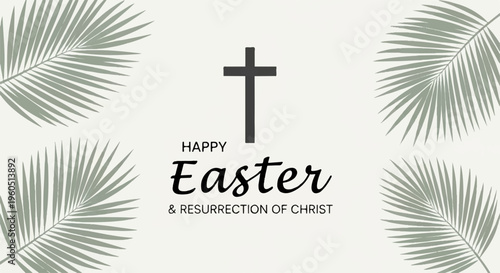 Easter celebration with cross and palm leaves on white background happy easter and resurrection of christ greeting card