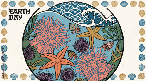 Vintage Earth Day vector illustration, marine life in circular tide pool, retro ocean conservation poster with starfish and sea anemones