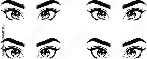 Collection of beautiful female anime eyes featuring expressive gaze with thick eyelashes and arched eyebrows for character design and makeup concept