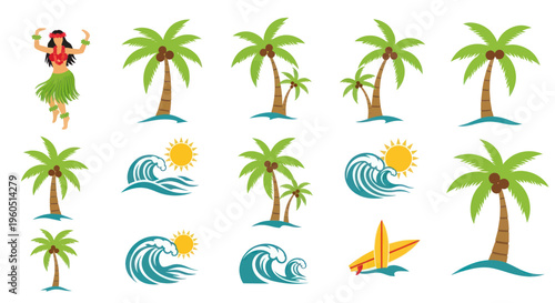 Hawaiian Hula Dancer, Palm Trees, Ocean Waves, Surfboard, Tropical Beach Icons