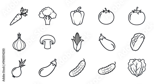 Healthy Vegetable Icons Set: Carrot, Broccoli, Pepper, Tomato, Onion, Mushroom, Corn