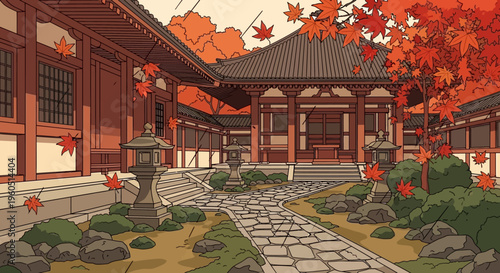 Anime Style Japanese Temple Courtyard with Autumn Maple Leaves