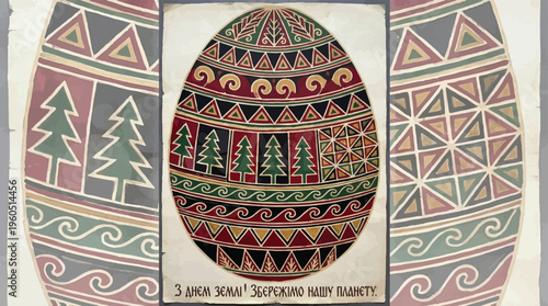 Traditional Ukrainian Pysanka Easter egg vector, folk art illustration with geometric patterns and pine trees, vintage ethnic greeting card