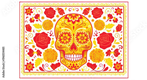Dia de los Muertos Skull with Flowers - Traditional Mexican Sugar Skull Art