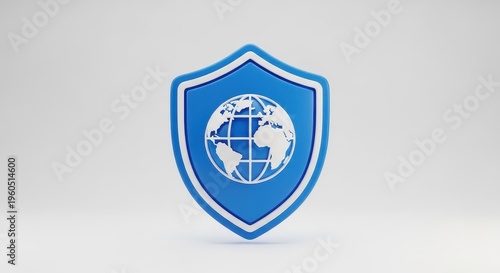 A blue shield with a white globe on a gray background
