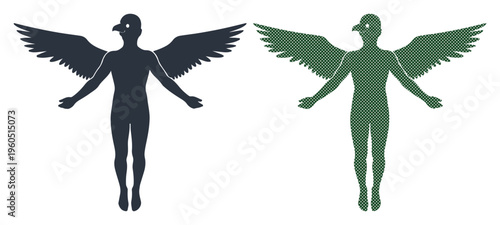 Symbolic human figures with bird heads and outstretched wings, representing freedom and transformation.