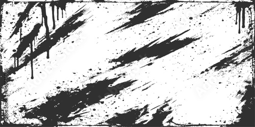 Abstract a stark, high-contrast monochrome design with a textured splatter effect, creating a striking visual statement. 