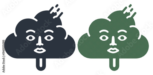 Whimsical cloud characters with faces and sticks, one dark blue, one green.